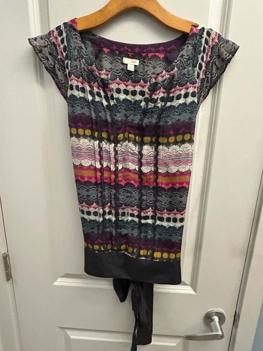 Odille Anthropologie Silk Pleated Tie-Back Blouse with Lace Trim